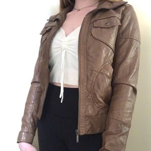 Brown faux leather jacket.